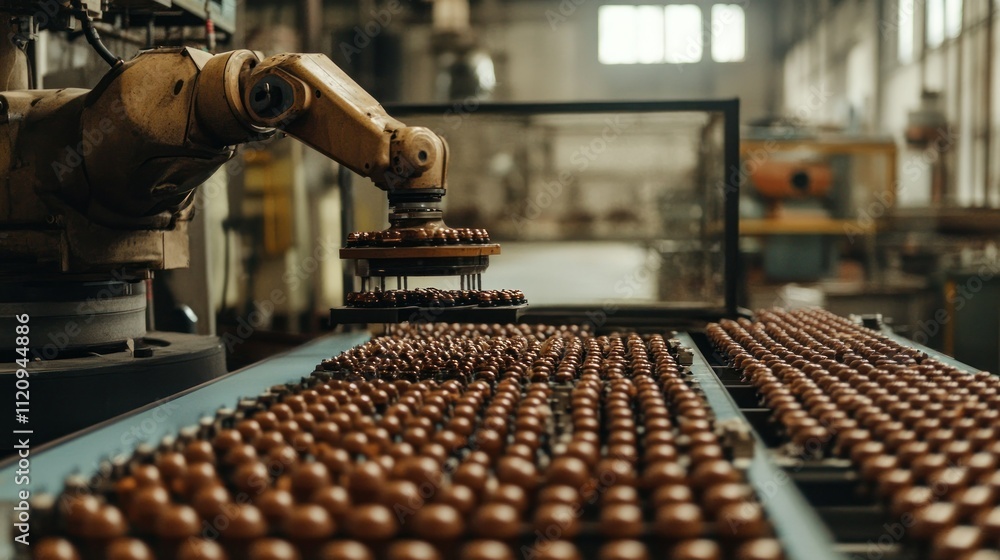 Poster a robotic arm assembling chocolate products in a factory setting.