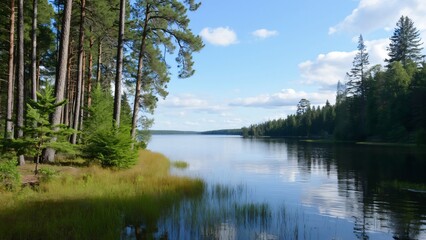 Obraz premium Serene Finnish Lakeside, Tall Pines, Lush Greenery, and Tranquil Waters