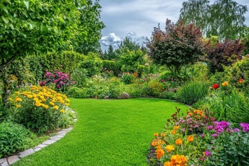 A vibrant garden filled with colorful flowers and lush greenery.