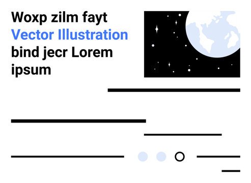 Bold black and blue text, planet Earth above, black and white space with stars. Clean lines, minimalistic design. Ideal for web design, branding, presentations, education, technology, business