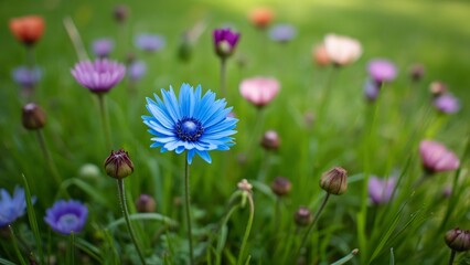 Fototapeta premium Close-up of Vibrant Blue Cornflower in a Field of Colorful Blooms, High-Angle View