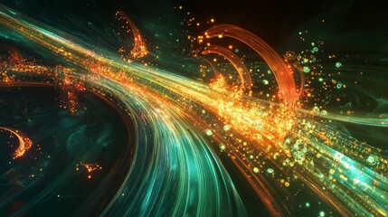 Abstract glowing streaks and particles in vibrant teal, orange, and gold, creating a dynamic, energetic composition.