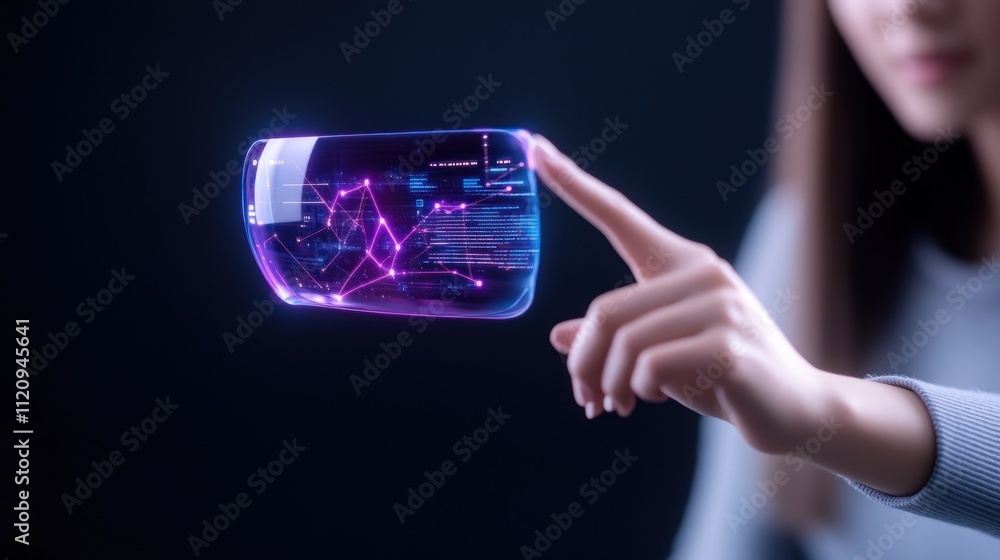 Poster a person interacting with a holographic display of data.