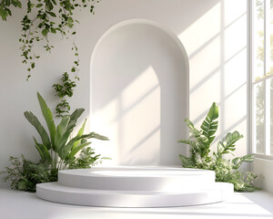 A minimalist interior space featuring steps and plants, ideal for presentations or photoshoots.