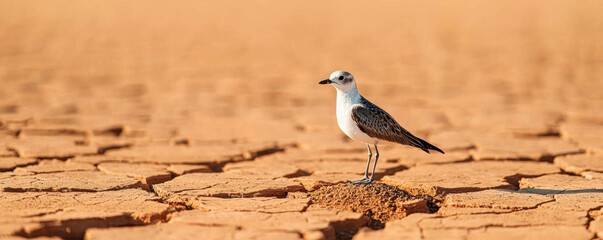 Climate change wildlife crisis concept. A solitary bird stands on cracked, dry earth, symbolizing resilience in a parched landscape.