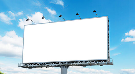 Large empty billboard with white blank screen, on blue sky with clouds, advertisement concept,