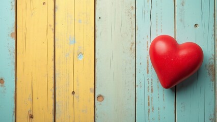 Romantic Red Heart on Pastel Wooden Background, Valentine's Day Love