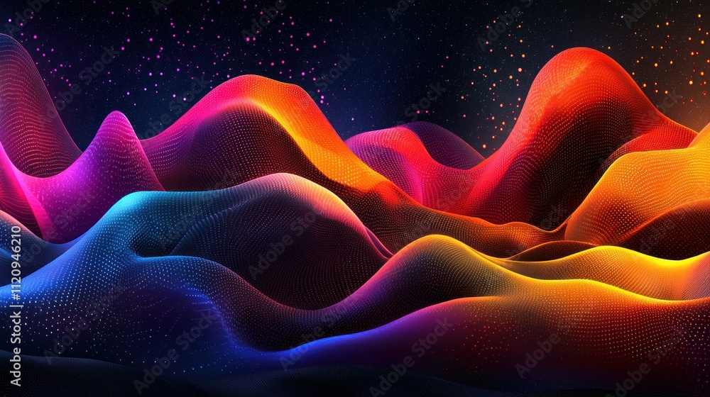 Poster vibrant abstract waves with a colorful gradient and dynamic patterns.