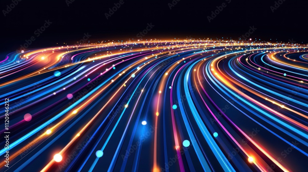 Poster abstract image of glowing lines and dots creating a dynamic, colorful wave effect.