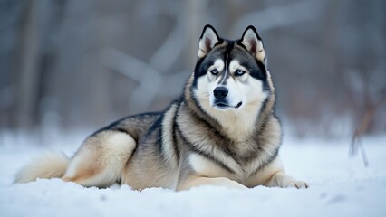 Majestic Alaskan Malamute Dog Lying in Snow, Stunning High-Resolution Winter Photograph