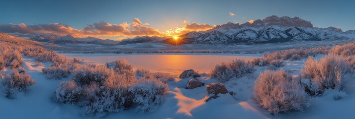 Naklejka premium Serene winter landscape at sunset over a snowy lake 