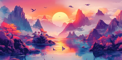 Serene Sunset Over Majestic Mountains And Calm Lake