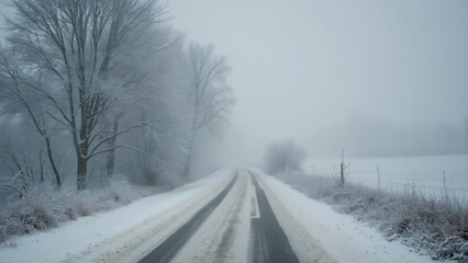 Fototapeta premium Snowy Country Road in Foggy Winter Landscape, Serene Drive Through Snow Covered Trees