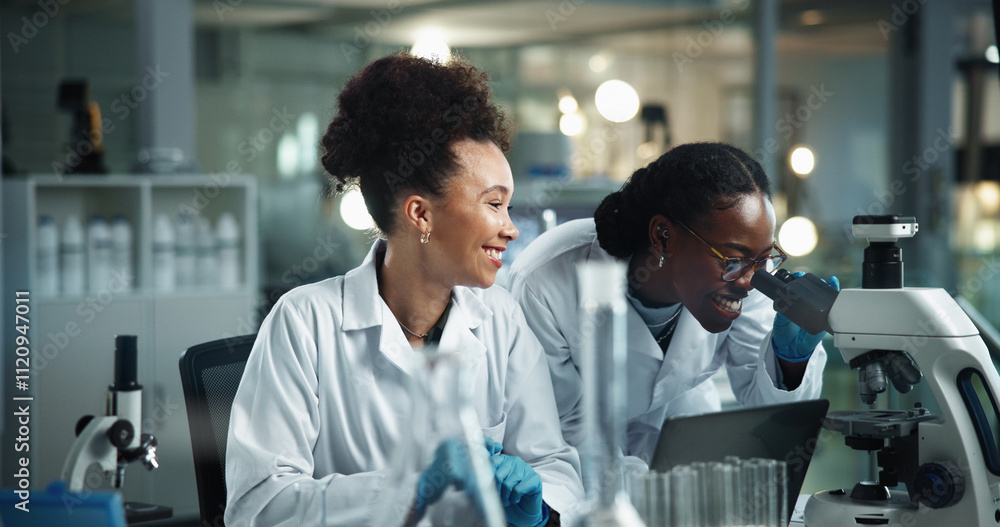 Poster happy women, microscope and science team research in lab for experiment, analysis and biotechnology.