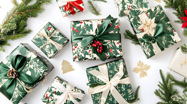 Multiple Christmas presents wrapped in elegant green and cream floral paper with satin ribbons and festive decorations.  Pine sprigs add a touch of nature. Flat lay on white background.