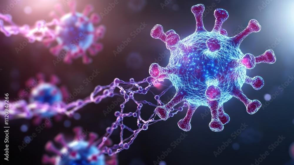 Poster colorful 3d representation of a virus with molecular structures.