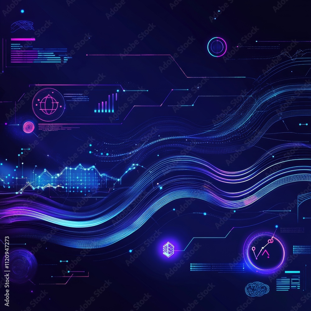Poster vibrant digital landscape showcasing abstract data visualization in a futuristic setting with electr