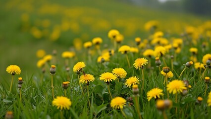 Vibrant Yellow Dandelion Field on a Lush Green Hillside, A Breathtaking Spring Meadow Scene