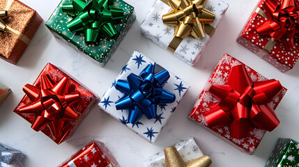 A collection of beautifully wrapped Christmas presents in various colors and patterns, adorned with shiny bows. The gifts rest on a marble surface, creating a festive and elegant scene.