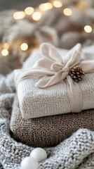 Cozy Wrapped Gifts Adorned With a Pinecone Sit Atop a Soft Blanket Surrounded by Fairy Lights in a Warm, Inviting Setting