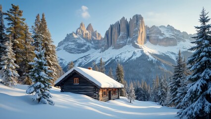 Fototapeta premium Serene Dolomites Winter Landscape, Snow-Covered Alpine Hut Amidst Majestic Peaks and Pine Forests