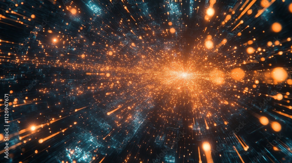 Poster vivid journey through a cosmic explosion of light and energy showcasing vibrant particles in a digit