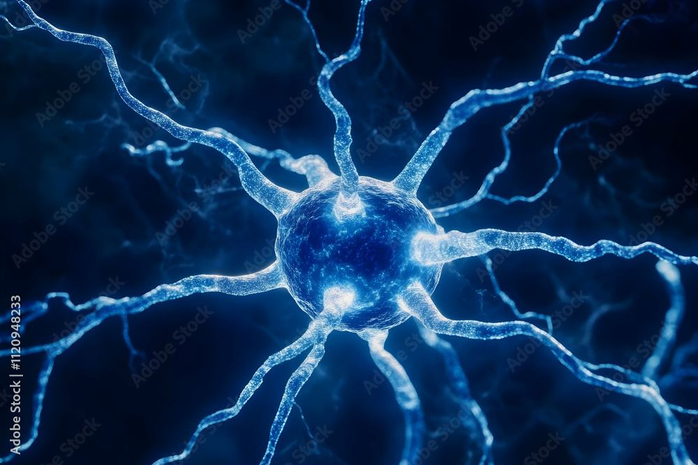 Poster microscopic view of a glowing blue neuron with its complex network of dendrites and axons.