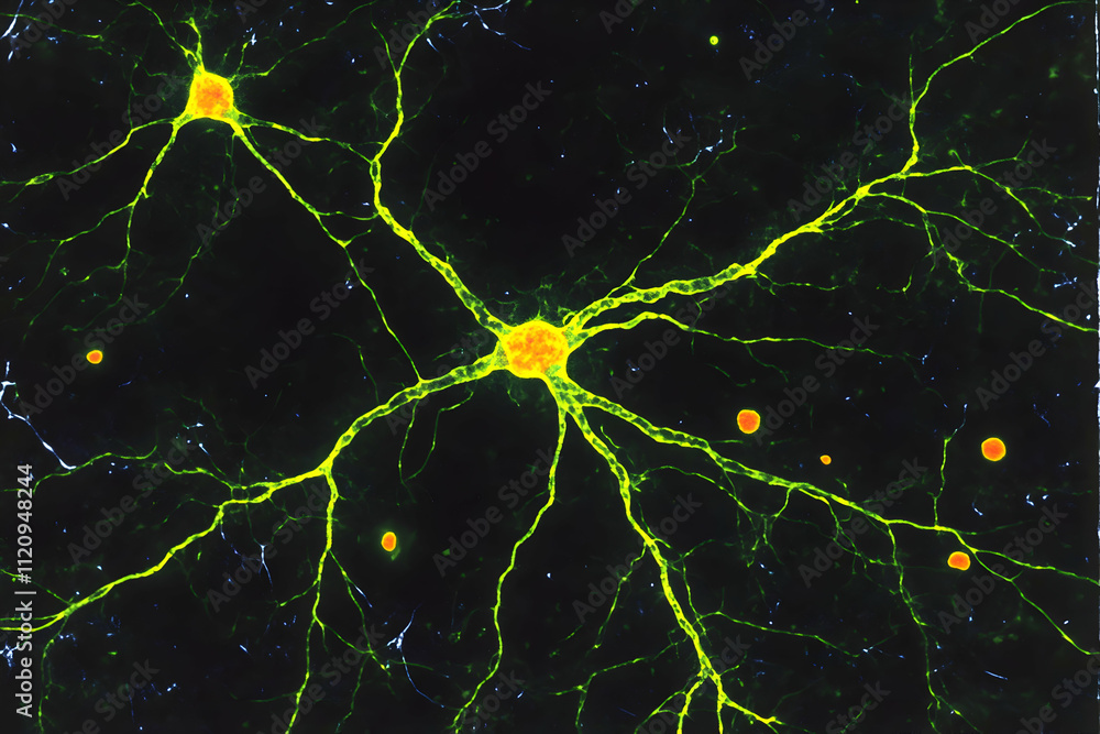 Poster microscopic view of a neuron with its intricate network of dendrites and axons.