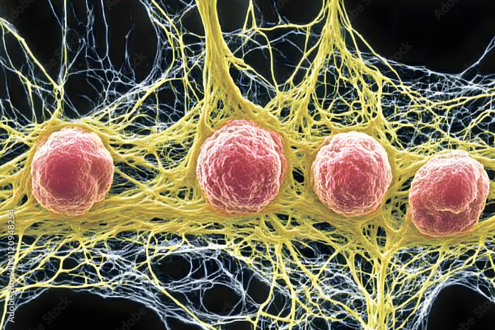 Poster microscopic image showing cells connected by a network of fibers.