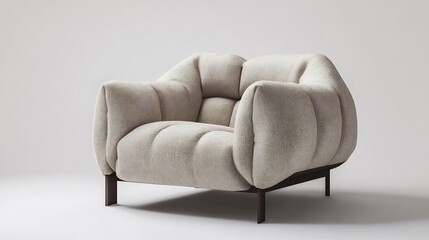 Elegant Tufted Armchair in Beige Fabric with Dark Brown Legs