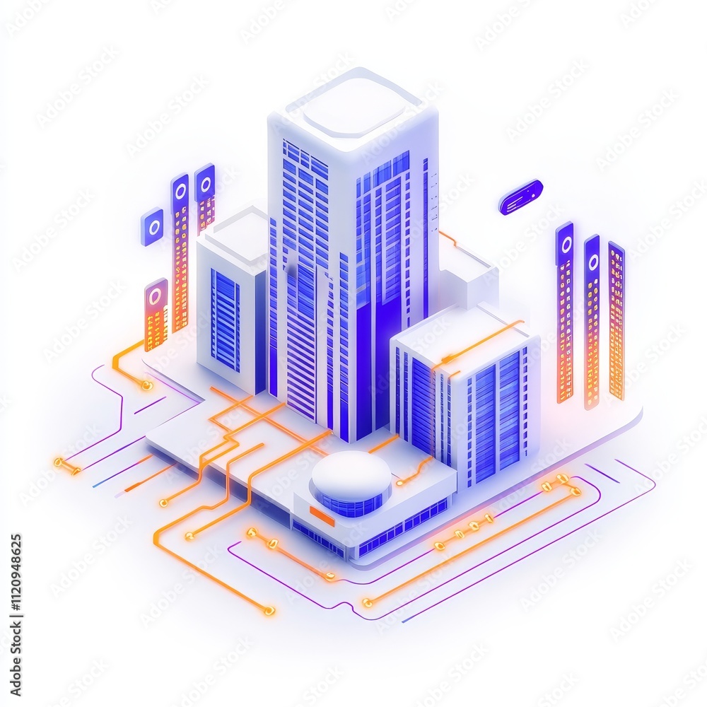 Poster modern urban landscape with digital elements showcasing futuristic architecture and interconnected b
