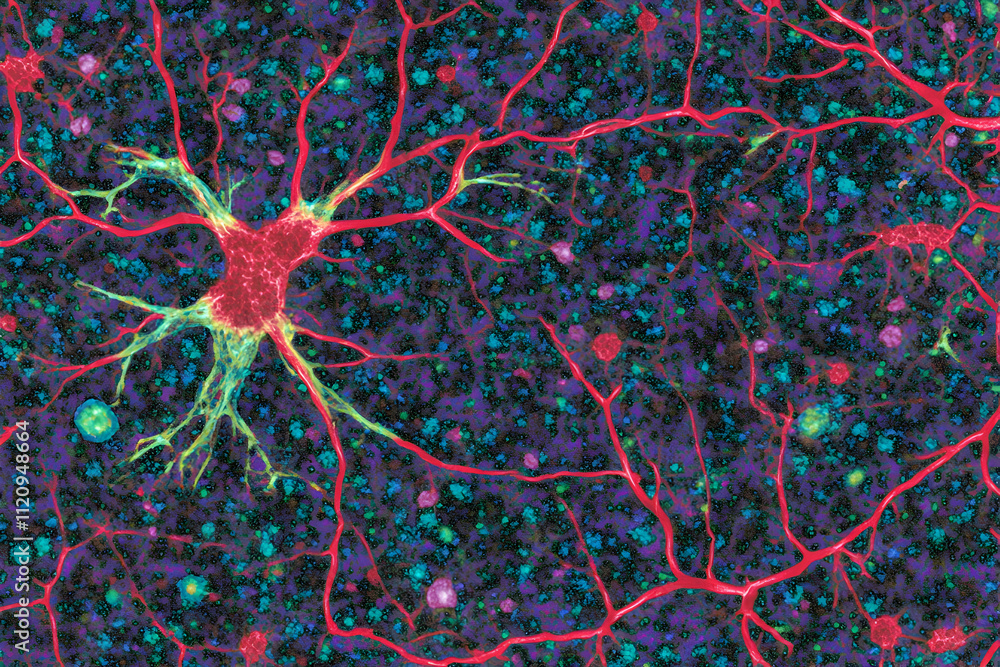 Poster microscopic view of neuron cells with complex network and dendrites.