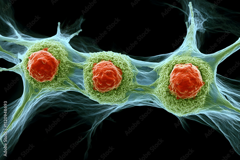 Poster microscopic view of three cells connected by a network of filaments.