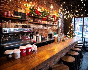 Coffee shop with exposed brick, festive holiday lights, and soft blankets, brick holiday cafe, charming, cozy