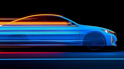 Naklejka premium Sleek blue car speeding, vibrant light trails.