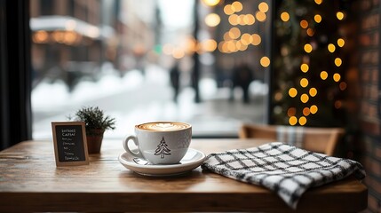 Cozy winter coffee shop with plaid blankets, holiday lights, and snow outside, plaid winter cafe, charming, warm