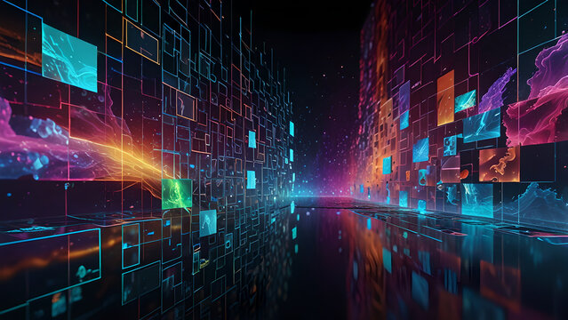 A colorful holographic interface showing AI organizing personalized content streams.