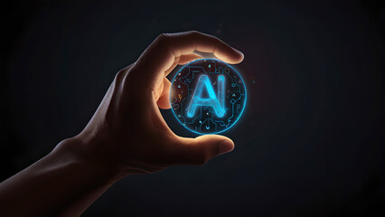 A photorealistic image of a hand touching a glowing AI symbol.