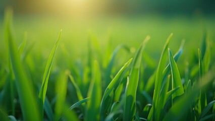 Obraz premium Vibrant Green Grass Blades Close-Up, Nature Photography with Blurred Background and Copy Space