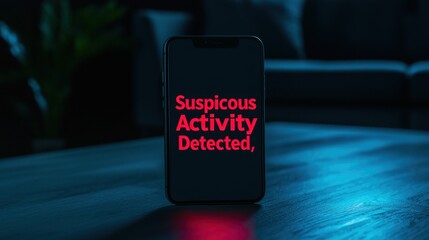 Spam call and scam technology, A smartphone displays a warning message reading "Suspicious Activity Detected" in a dimly lit room, suggesting a potential security alert.