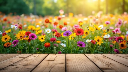 Vibrant Summer Flower Field with Wooden Tabletop, Nature's Colorful Landscape Photography