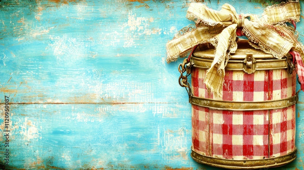 Poster A vintage-style bucket with a red and white checkered pattern, adorned with a rustic bow.