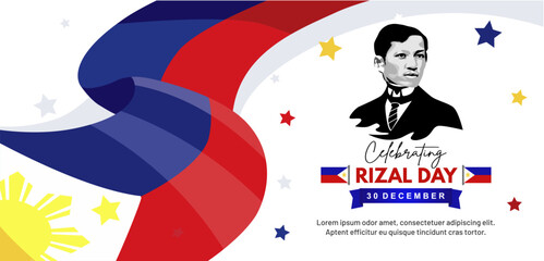 Exclusive Rizal Day Banner with Jose Rizal Face Illustration and Philippines Waving Flag. Vector Illustration