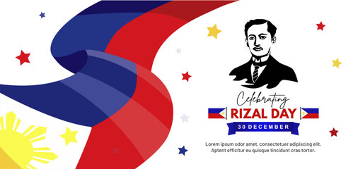 Abstract Rizal Day Banner Background with Jose Rizal Face Illustration and Philippines Waving Flag. Vector Illustration