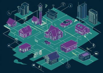 Fototapeta premium Exploring the Vibrant Network of Smart Homes Interconnected Through Innovative Technology in a Modern Urban Landscape