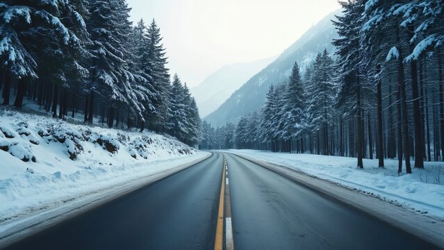 Serene Winter Mountain Road, Snow-Covered Pines and Asphalt Highway