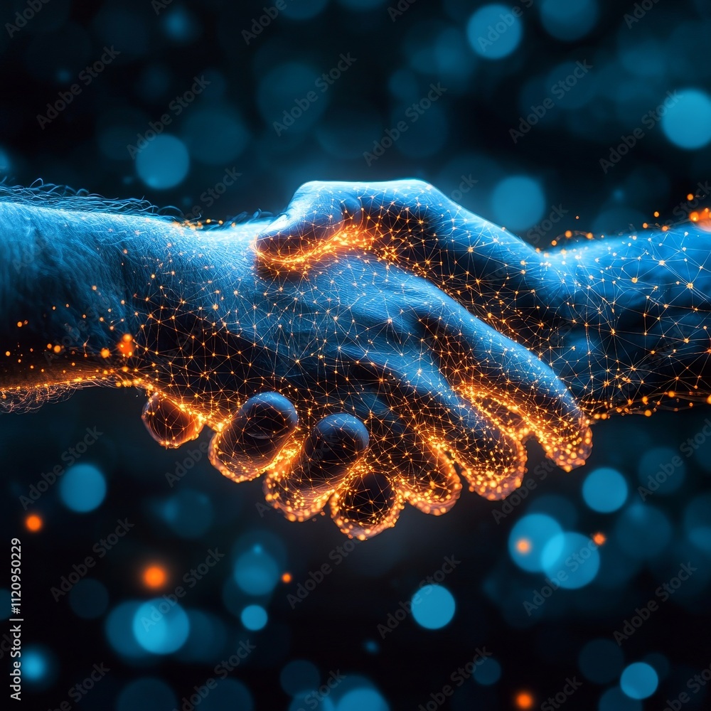 Poster illuminated handshake symbolizes unity and collaboration in a digital landscape with glowing connect