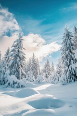 Snowy landscape with tall trees under a bright blue sky.