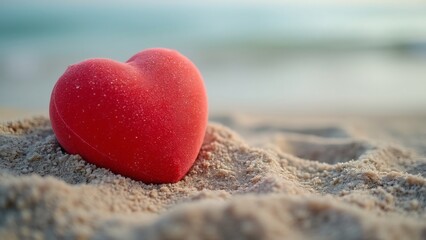 Fototapeta premium Red Heart-Shaped Stress Ball on Sandy Beach, Love, Care, and Health Concept Web Banner