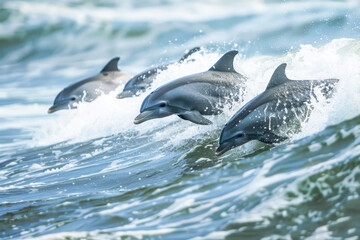 Fototapeta premium Dolphins in ocean waves under bright sky, summer time
